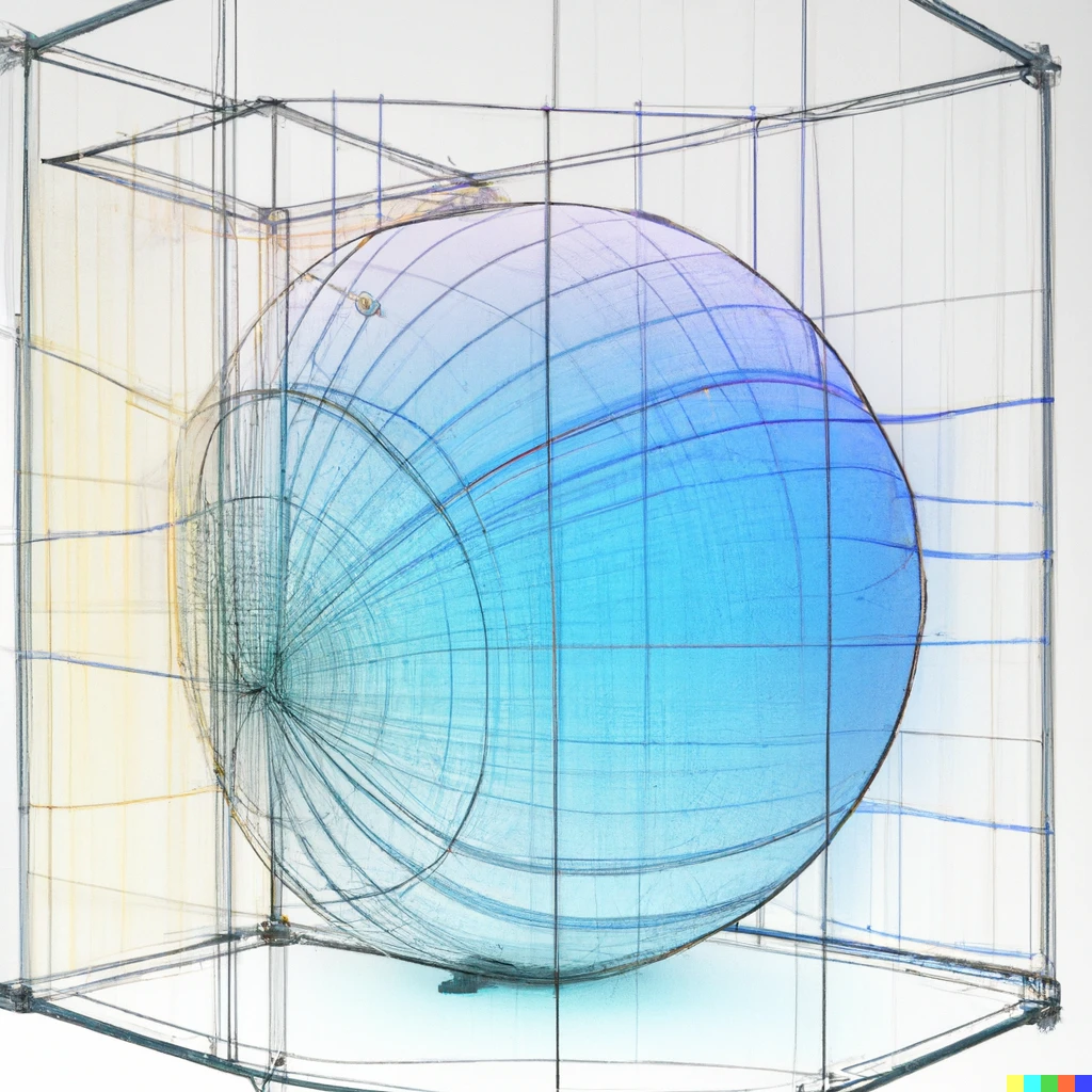 Prompt: design blueprint of a sphere in a cube, nested, solar, 3D, grid, core, layers, streams, UI, UX, interface, gradient, matrices, measures, metrics, analytics, spatial, render, pastel, colors, white background