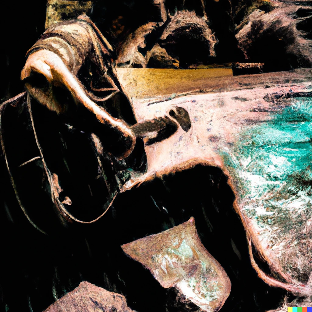 Prompt: A guitarist playing by the waterside in the summer in a surreal style