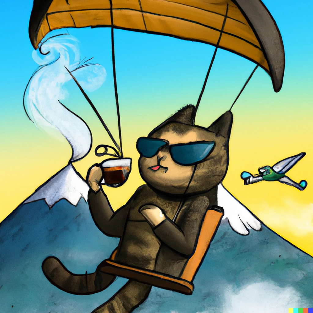 Prompt: A Cat paragliding in the sky above mountains while smoking a cigar and drinking a coffee 