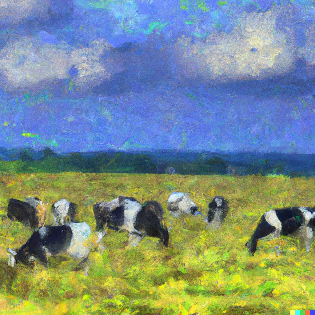 Prompt: Impressionist cows in tranquil field, landscape, Monet