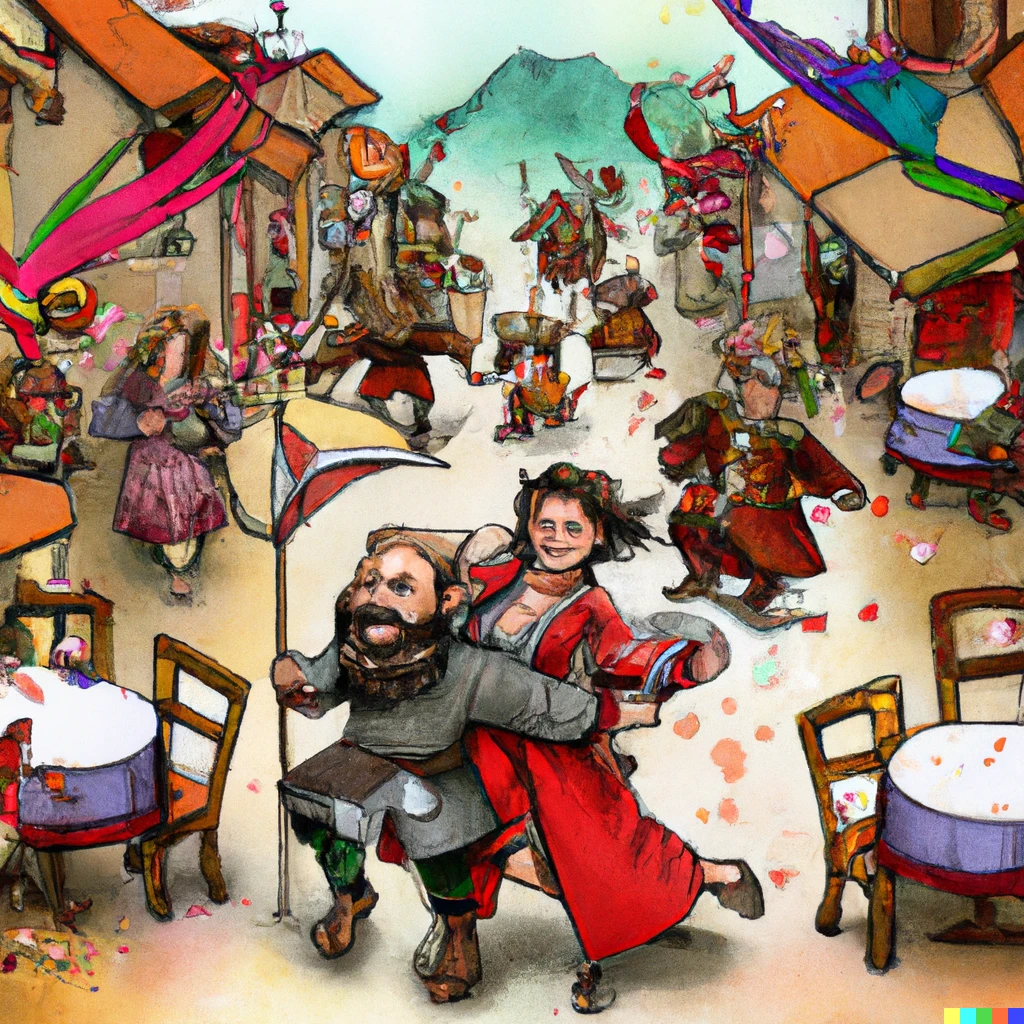 Prompt: A medieval woman and a man holding hands and running to one side in a festive city at an inn with dwarfs, giants and orcs sitting around in small chairs