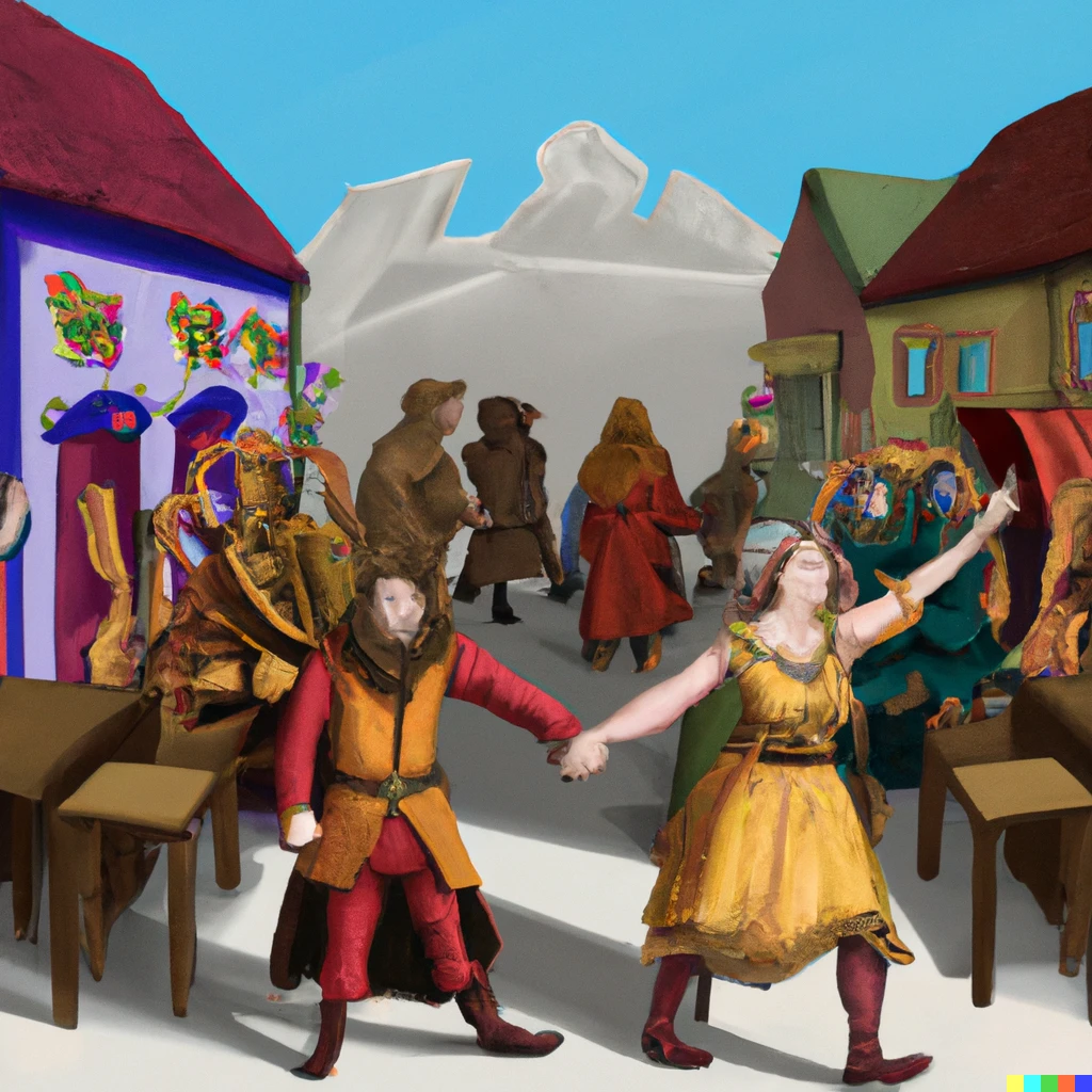 Prompt: A medieval woman and a man holding hands and running to one side in a festive city at an inn with dwarfs, giants and orcs sitting around in small chairs