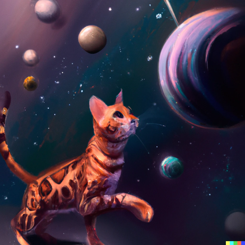 Prompt: A Bengal cat in space, playing with planets like balls, digital art