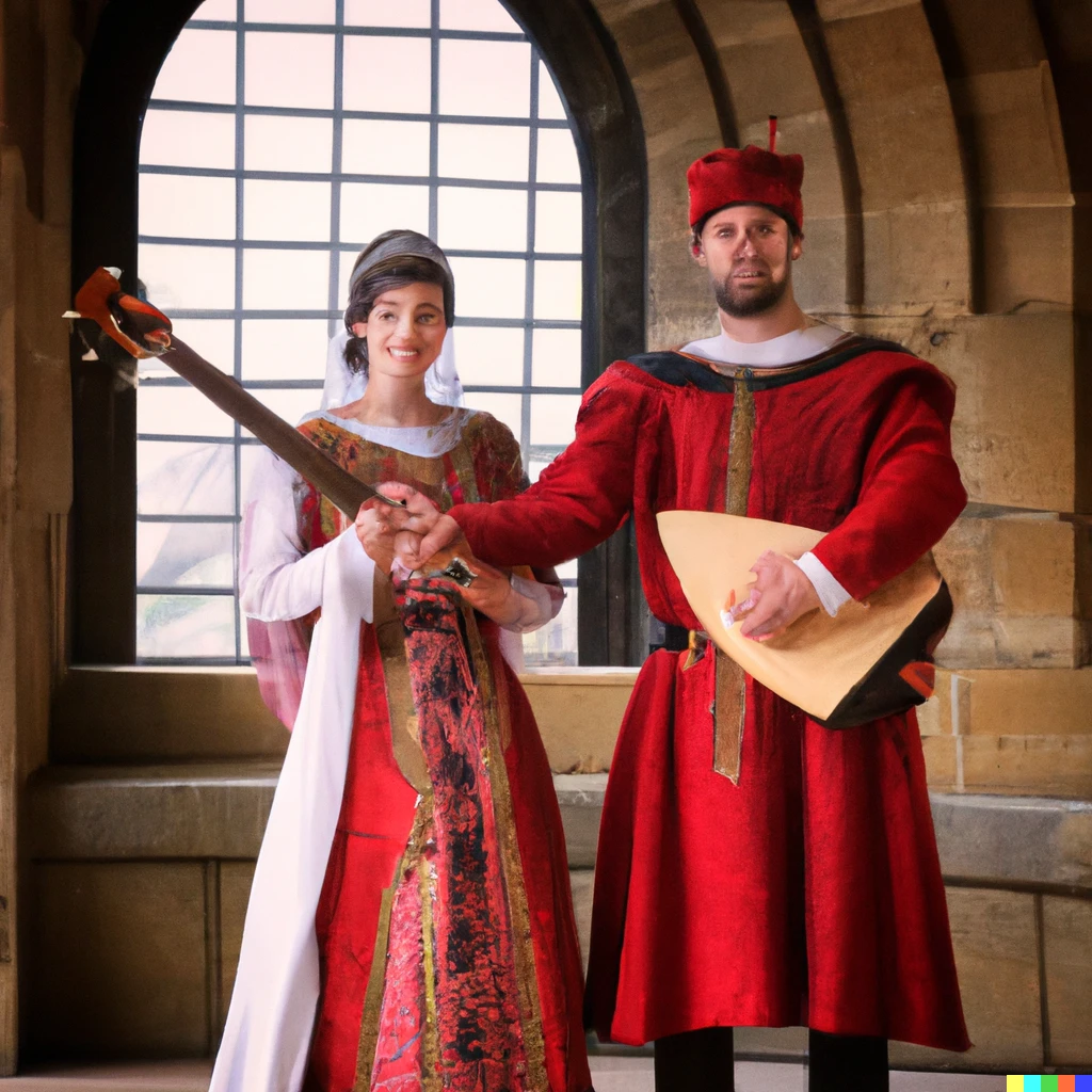 Prompt: Alienor’s wedding with king of france Louis VII in bordeaux in 1137, troubador style middle age