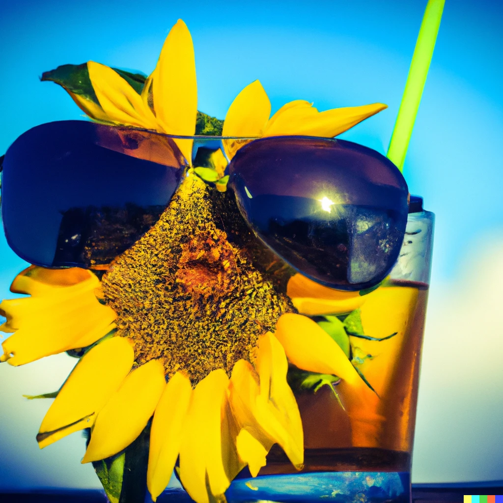 Prompt: A photograph of a sunflower with sunglasses sipping a cocktail