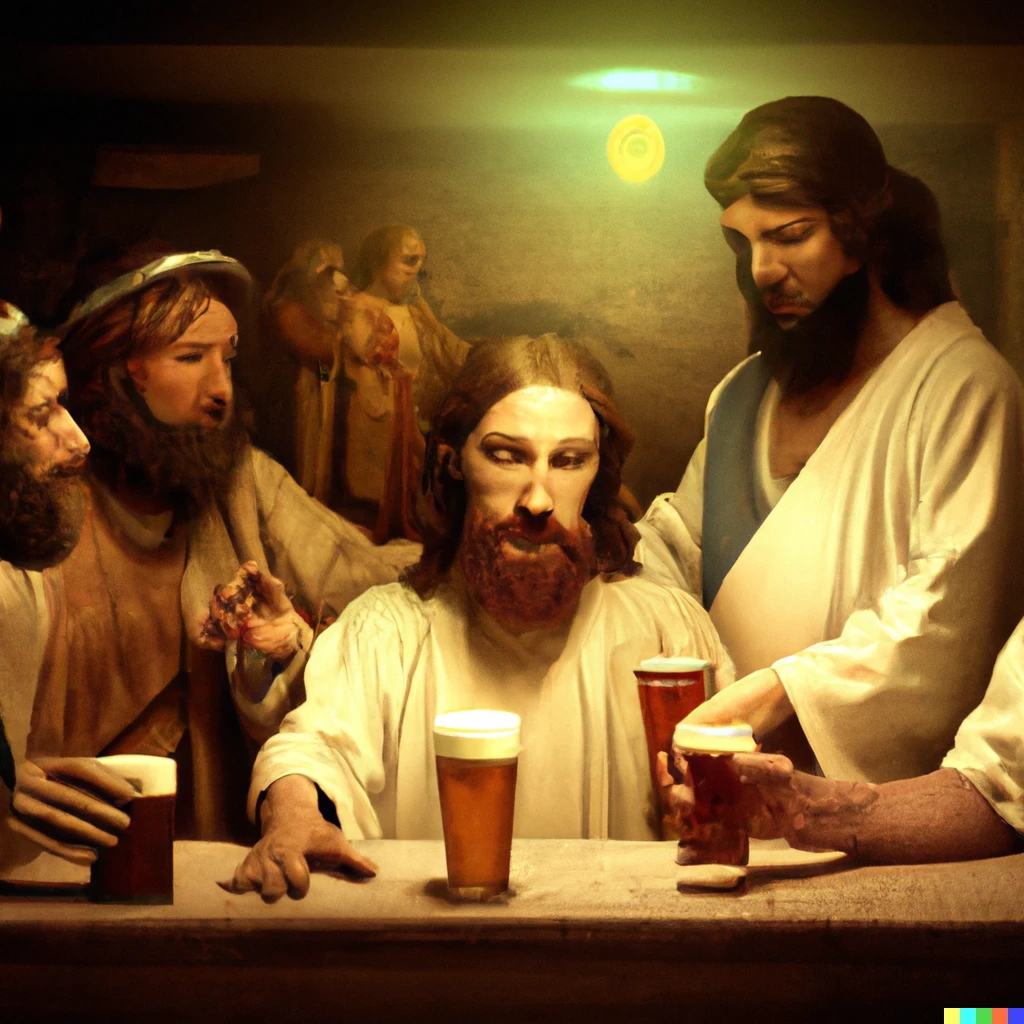 Prompt: Jesus and his Apostles sharing a beer at the bar, renaissance painting