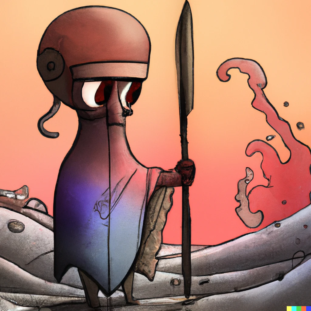 Prompt: A very very old magnapinna squid as a Roman Centurion stuck on a lonely patrol at the frontier edge of its society, having an existential crisis due to the monotony  of its job high quality digital art 