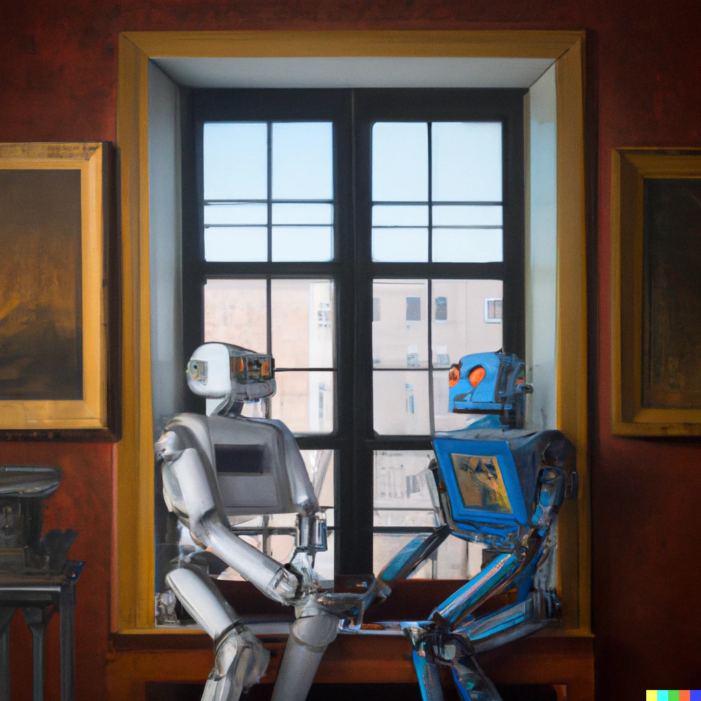 Prompt: two robots conversating near the window painted by johannes vermmer