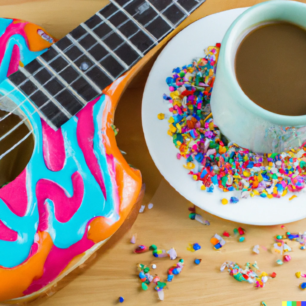 Prompt: A colorful guitar built out of sprinkle donuts sitting next to a hot cup of coffee