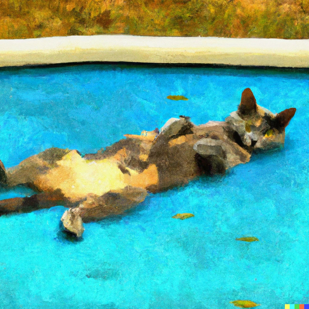 Prompt: an oil painting of a cat cooling off in a pool on a hot summer day