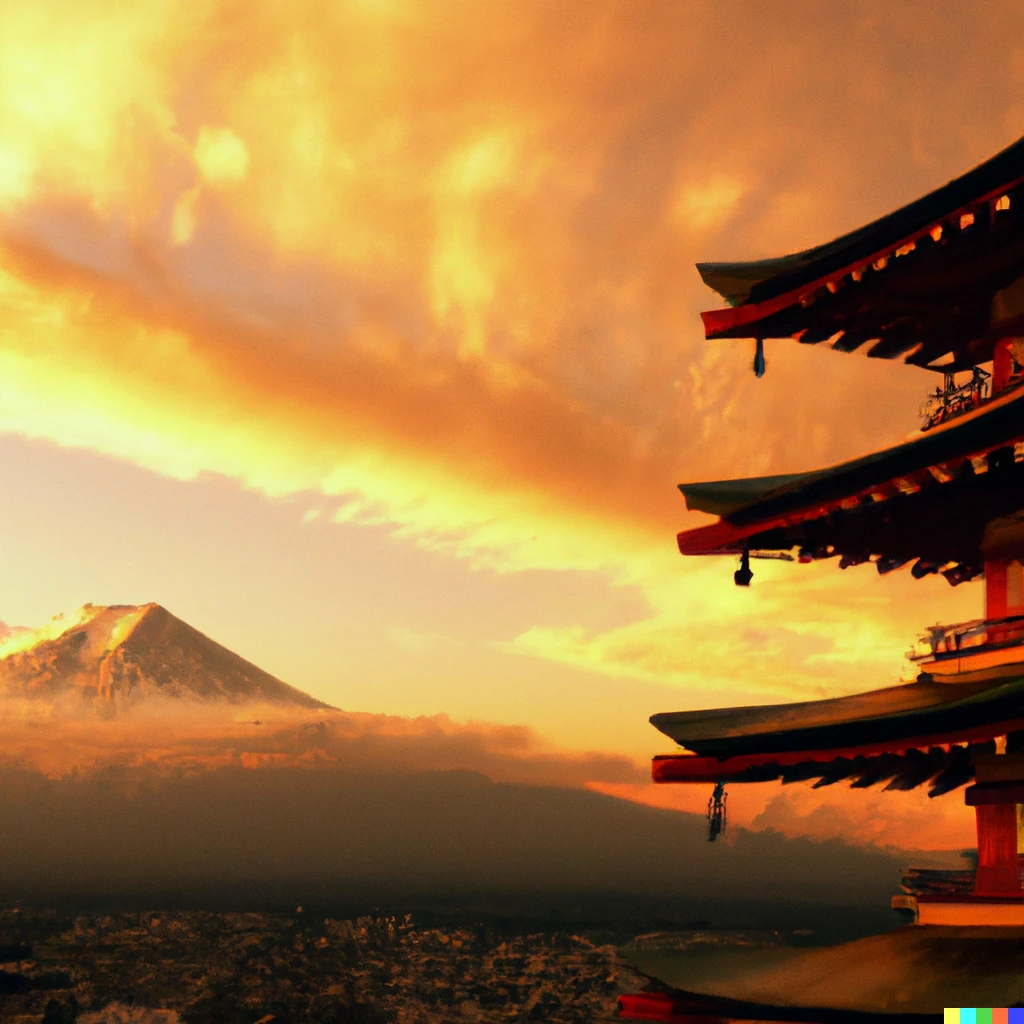 Prompt: mt.fuji and 5-stories Japanese tower in sunset
