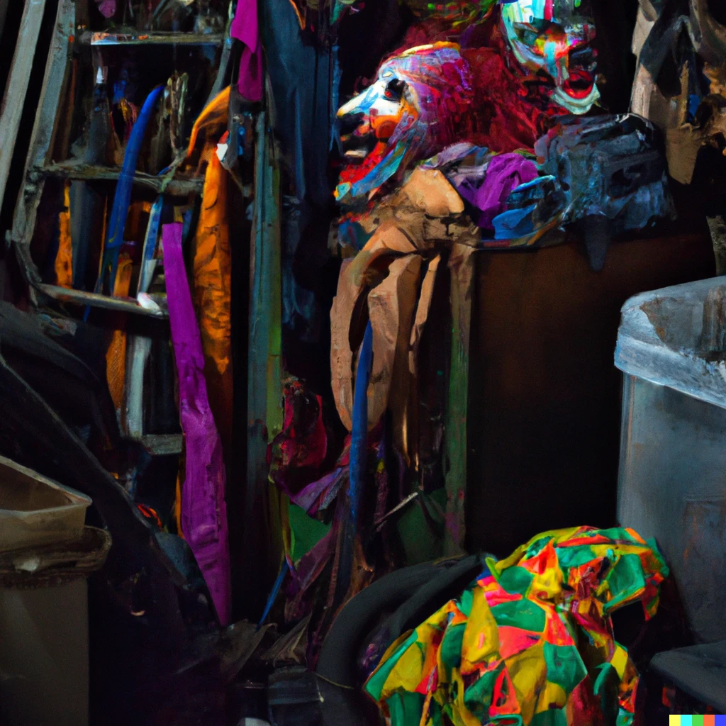 Prompt: a dark and dingy warehouse completely full of discarded clown costumes and clown masks, in the style of Giger