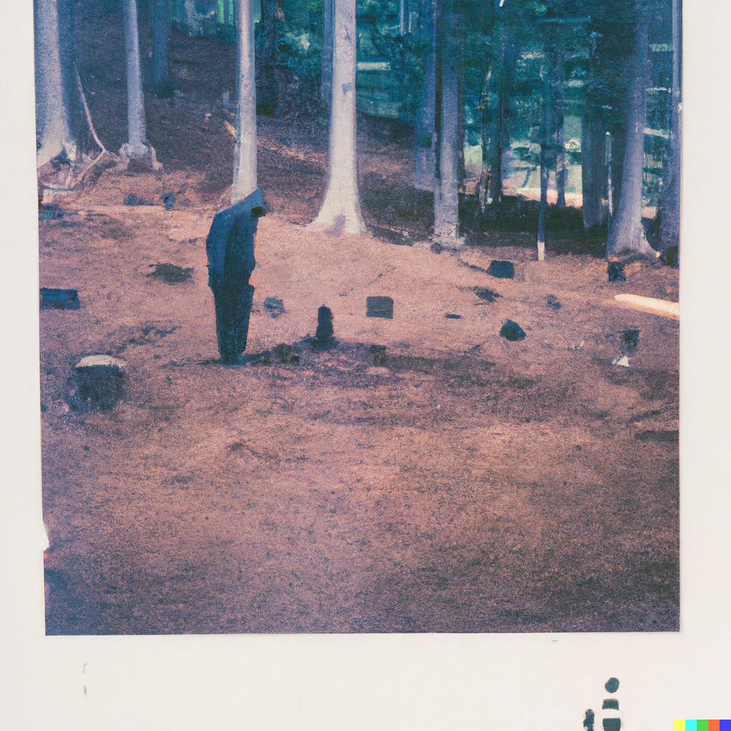 Prompt: An old polaroid of a man digging his own grave in a japanese forrest surrounded by tall pine trees