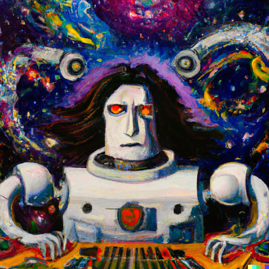 Prompt: Chopin fighting Robot Beethoven at the centre of the universe as an oil painting