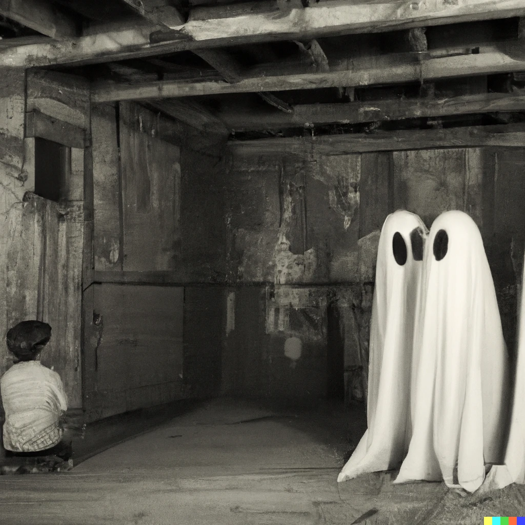 Prompt: The haunting of a small boy by terrifying ghosts, in a delapidated back room