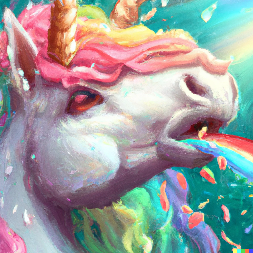 Prompt: A unicorn eating rainbows, digital art