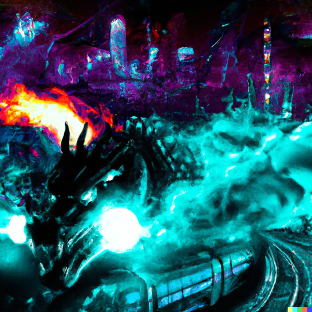 Prompt: A dragon and steam train chimera, setting a futuristic city on fire, in the style of synthwave