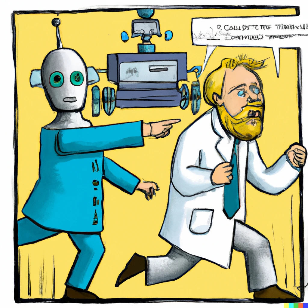 Prompt: a political cartoon of a scientist with a blond beard being chased by a robot