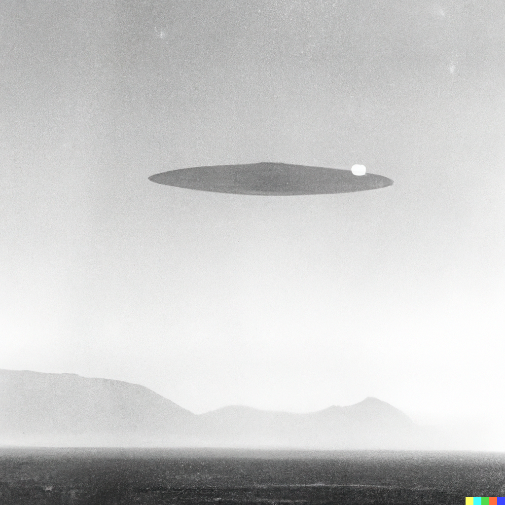 DALL·E | The photo shows a large, silver disk-shaped object hovering in ...