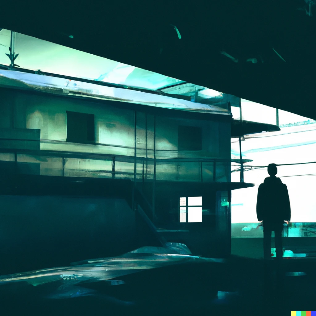 Prompt: man alone in dark house outside of town, depressive painting, futuristic