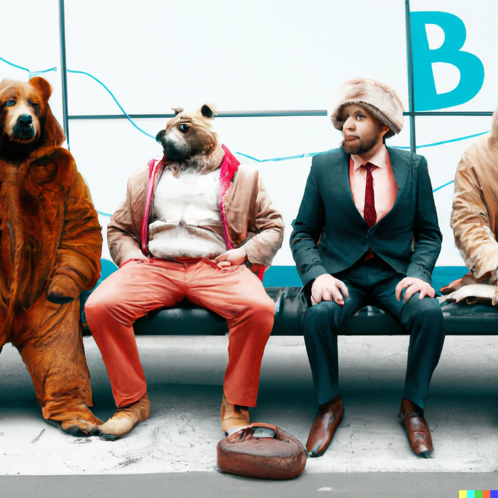 Prompt: Photo of bears dressed like humans waiting at bus stop, realistic