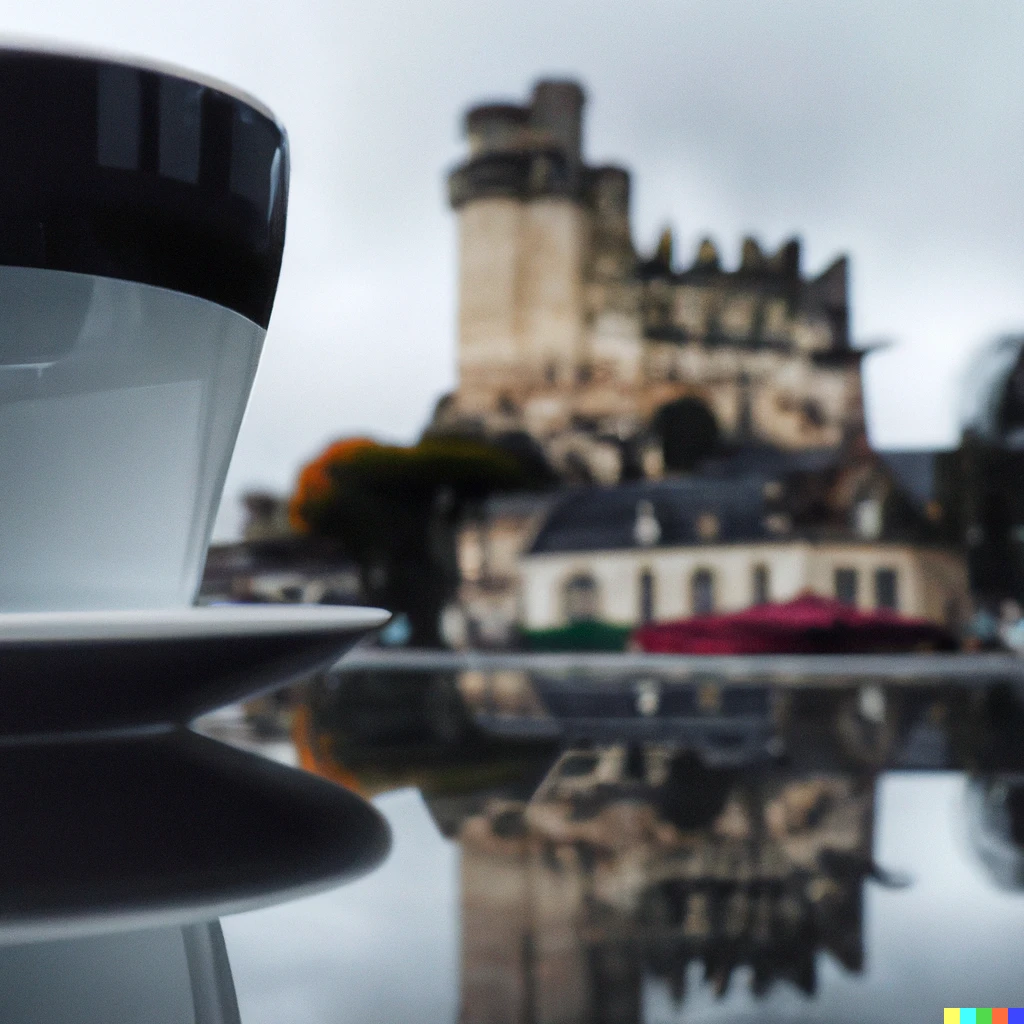 Prompt: Photo of Chinon castle reflecting on a cofee