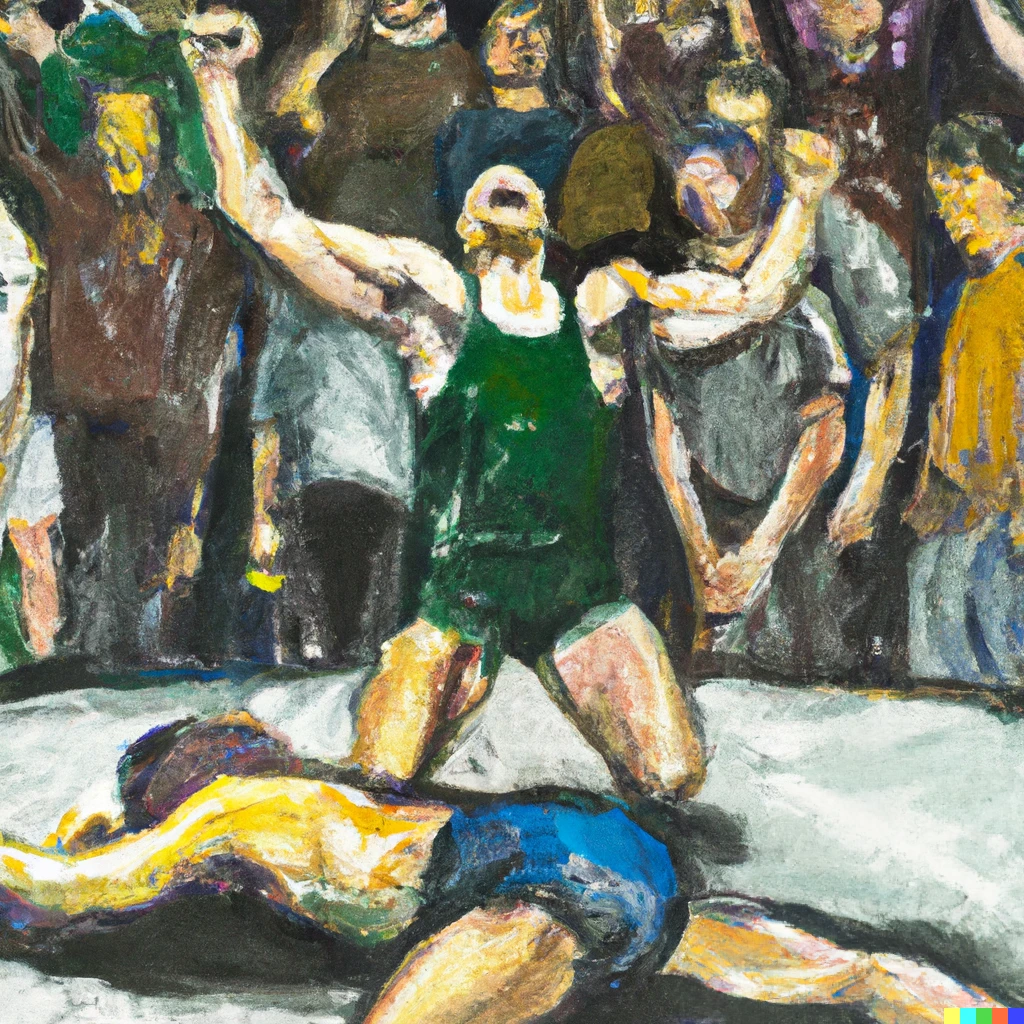 Prompt: A painting of a college wrestler in a green singlet with his hands raised in victory in the center of a wrestling mat in a packed high school gymnasium filled with cheering fans. His singlet has the letters FPC in white across his chest. His opponent is collapsed in defeat.