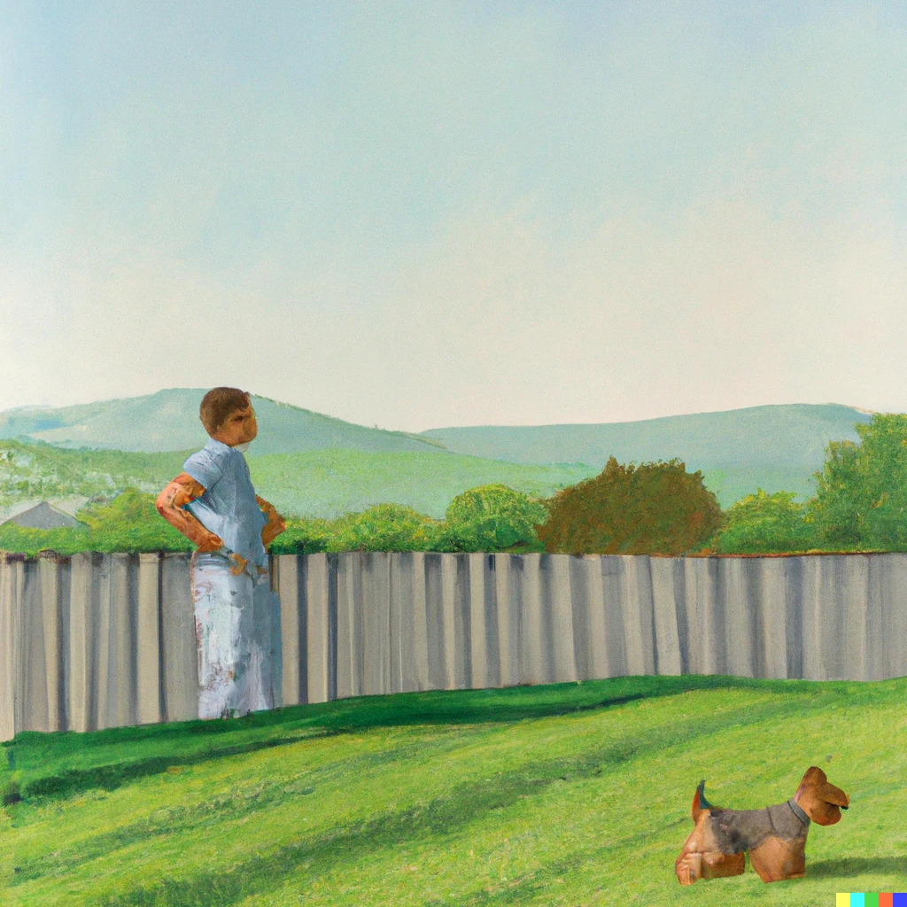 Prompt: A painting of a young man looking over his grassy backyard during a sunny morning. The lawn has perfectly straight lines from a fresh mow. There is a small Yorkshire terrier playing with a small ball. the yard has a fence around it and the Blue Ridge Mountains can be seen on the horizon.