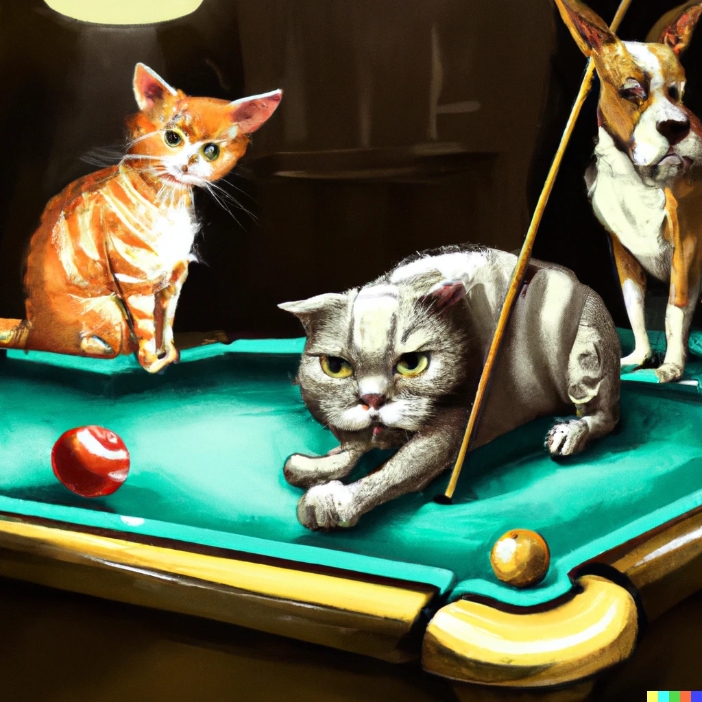 Prompt: A disappointed cat playing pool with dog friends, digital art