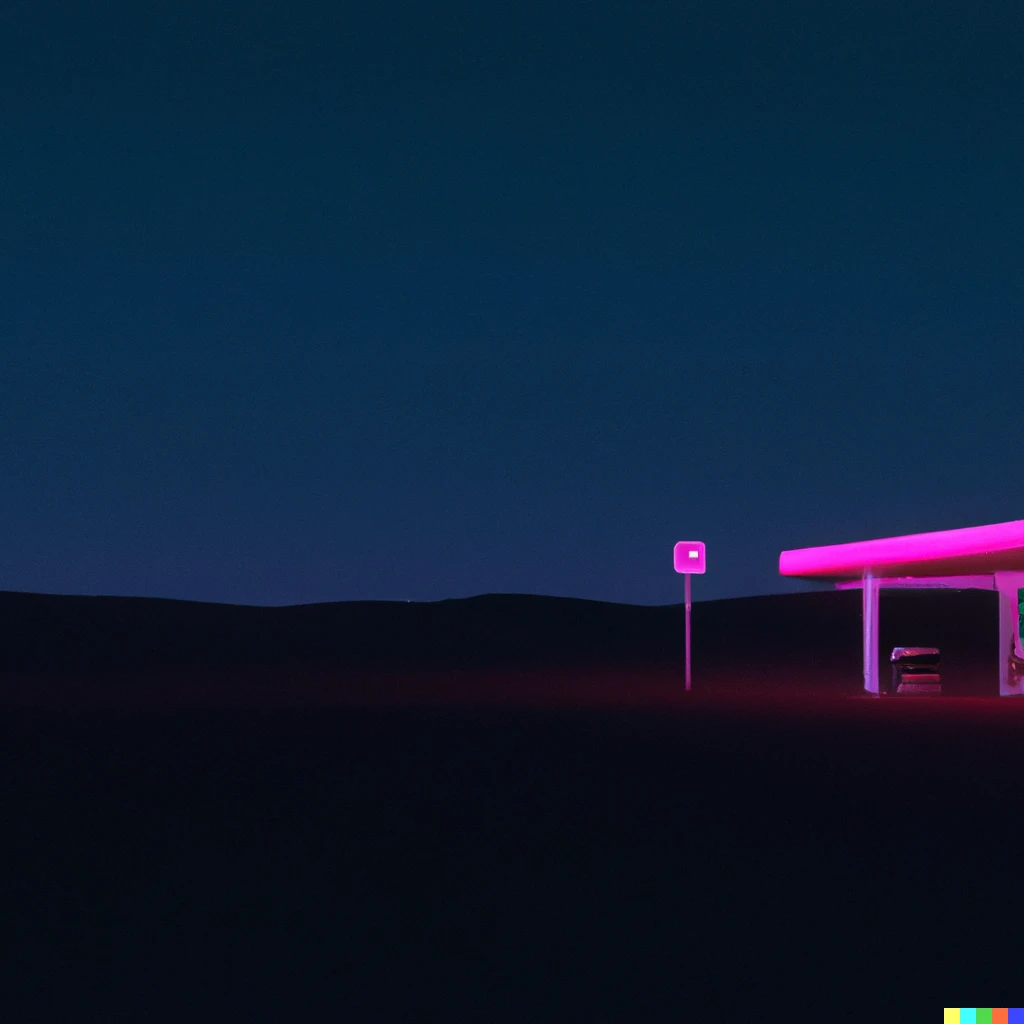 Prompt: A 3d render of a moonless sky in the desert with a single gas station which has a single bright pink neon sign