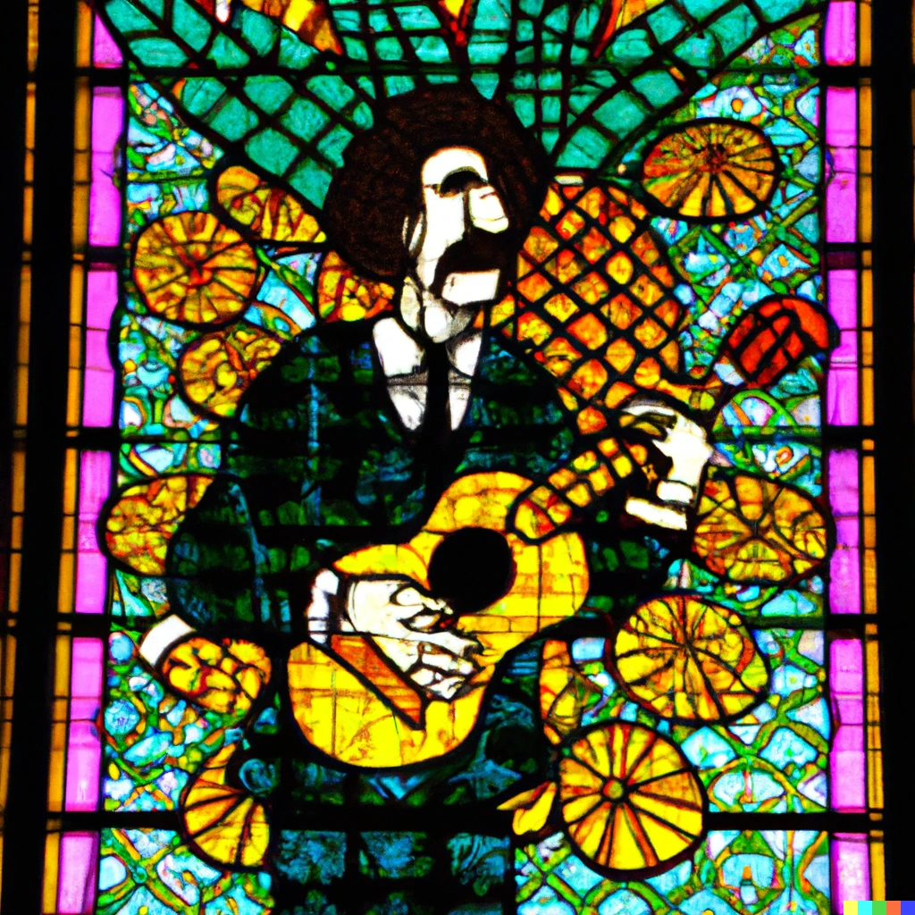 Prompt: Stained glass window depicting Frank Zappa playing a guitar made of pineapples