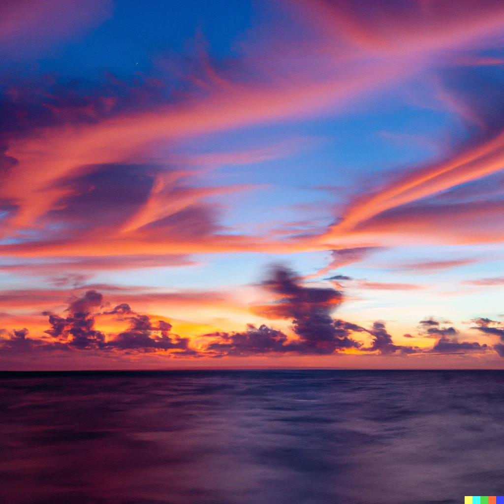 Prompt: a sunset with azure sky and with streaks of coral and red light over the water