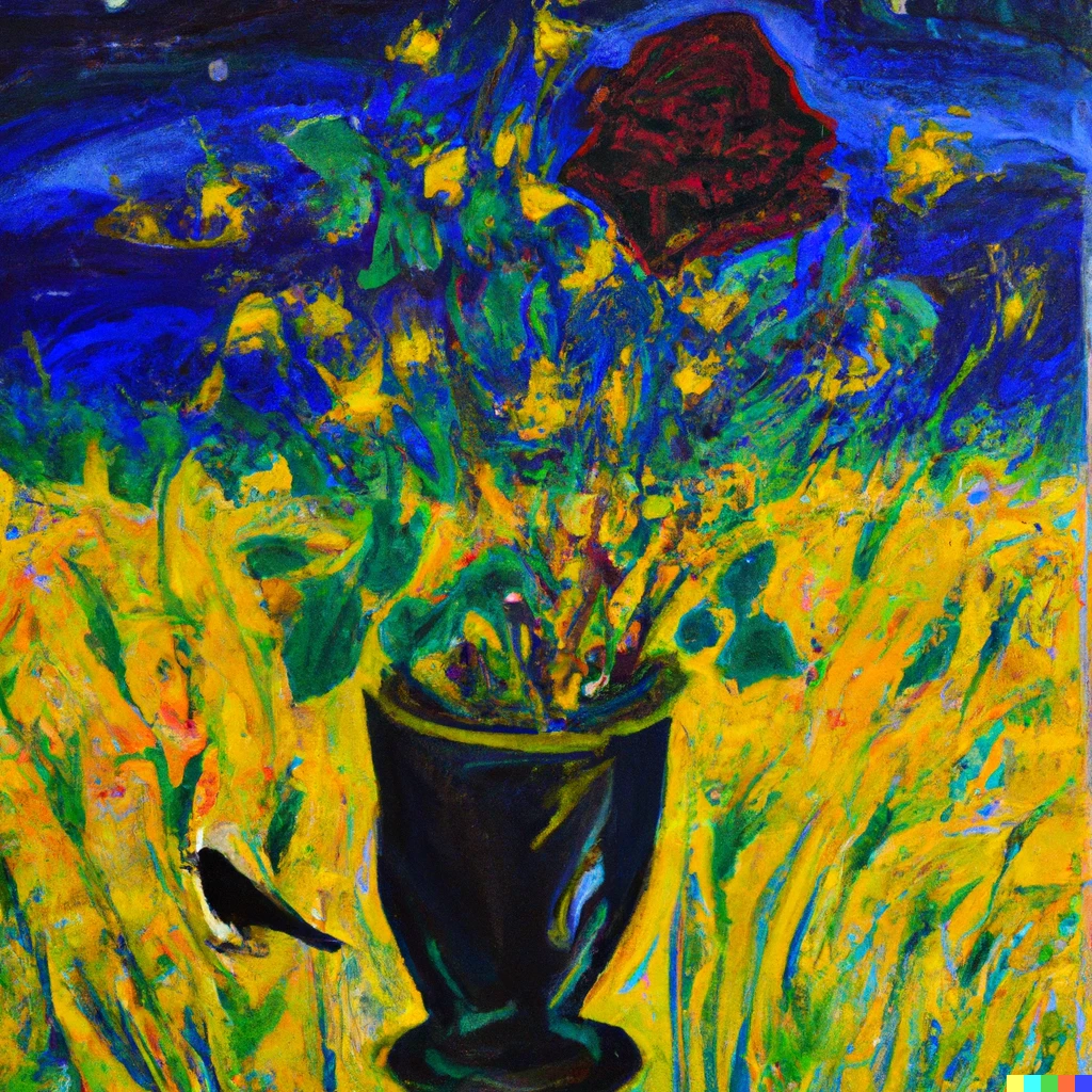Prompt: Oil painting of a rose in a vase centered with a starry night sky next to yellowish greenery in the background, in the style of Van Gogh's Wheatfield with crows