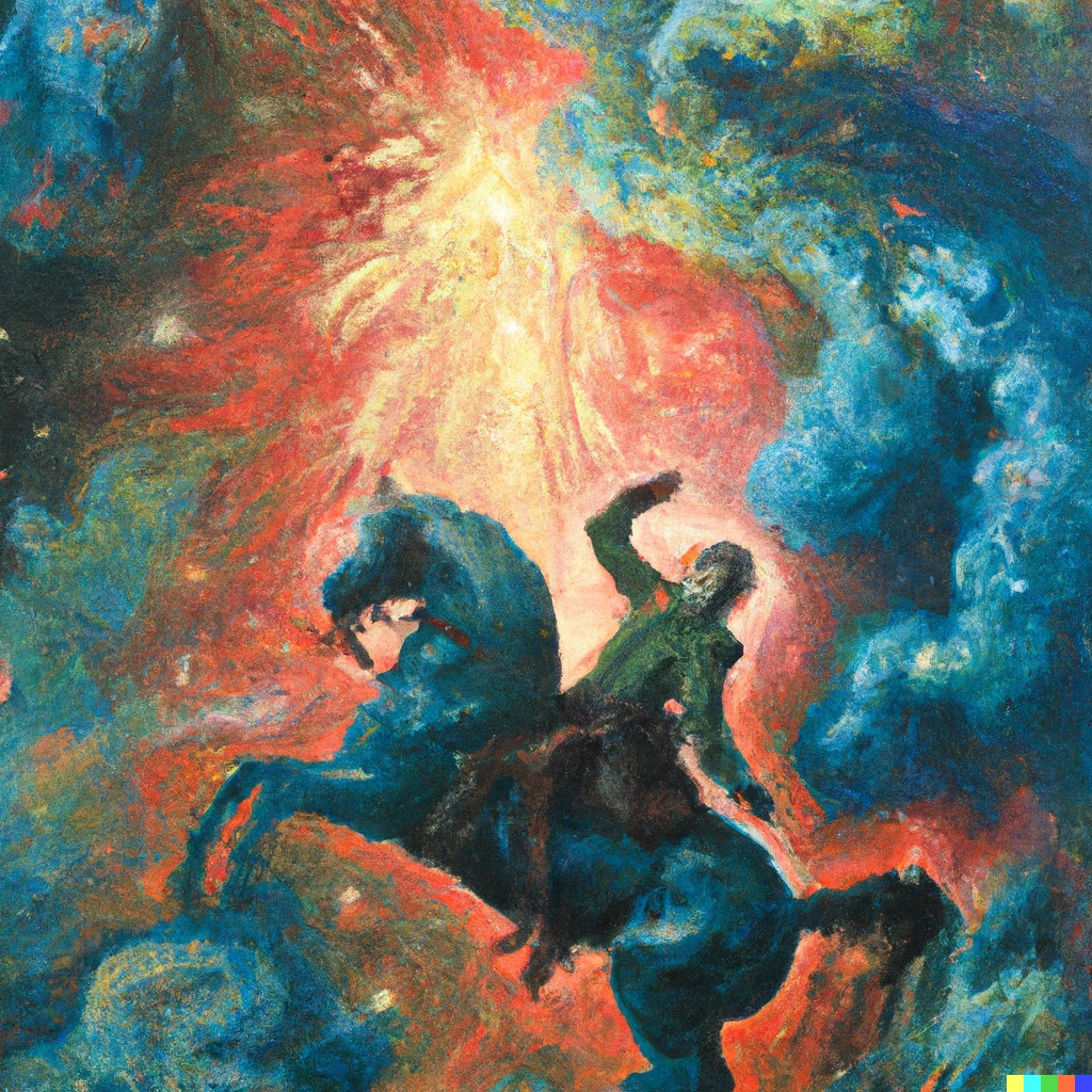 Prompt: An expressive oil painting of Napoleon Bonaparte riding a horse, depicted as an explosion of a nebula