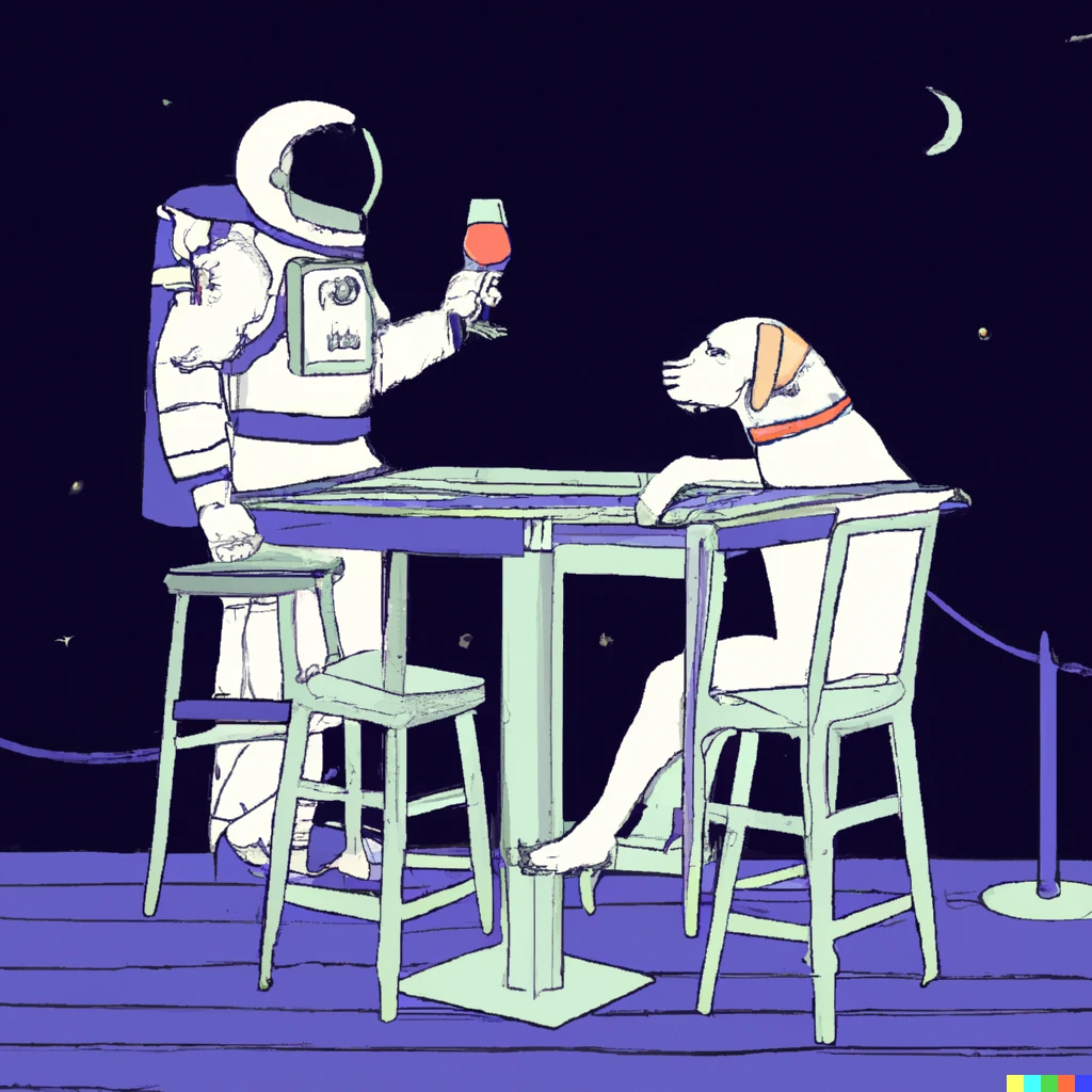Prompt: An astronaut man orders a cocktail at the bar of a seaside restaurant with a labrador dog next to it, french illustration style