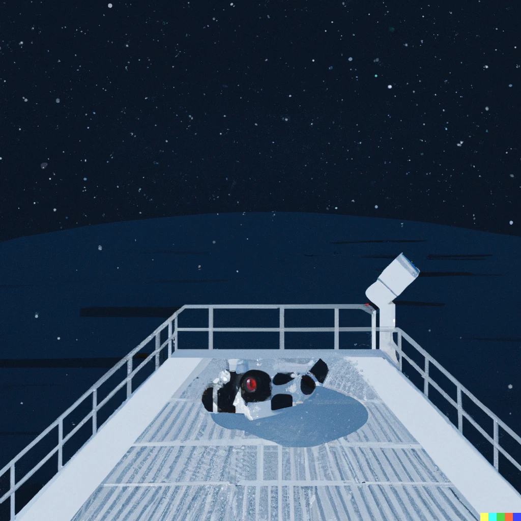 Prompt: An astronaut lies on the deck of a cruise ship and looks at the stars, illustration style