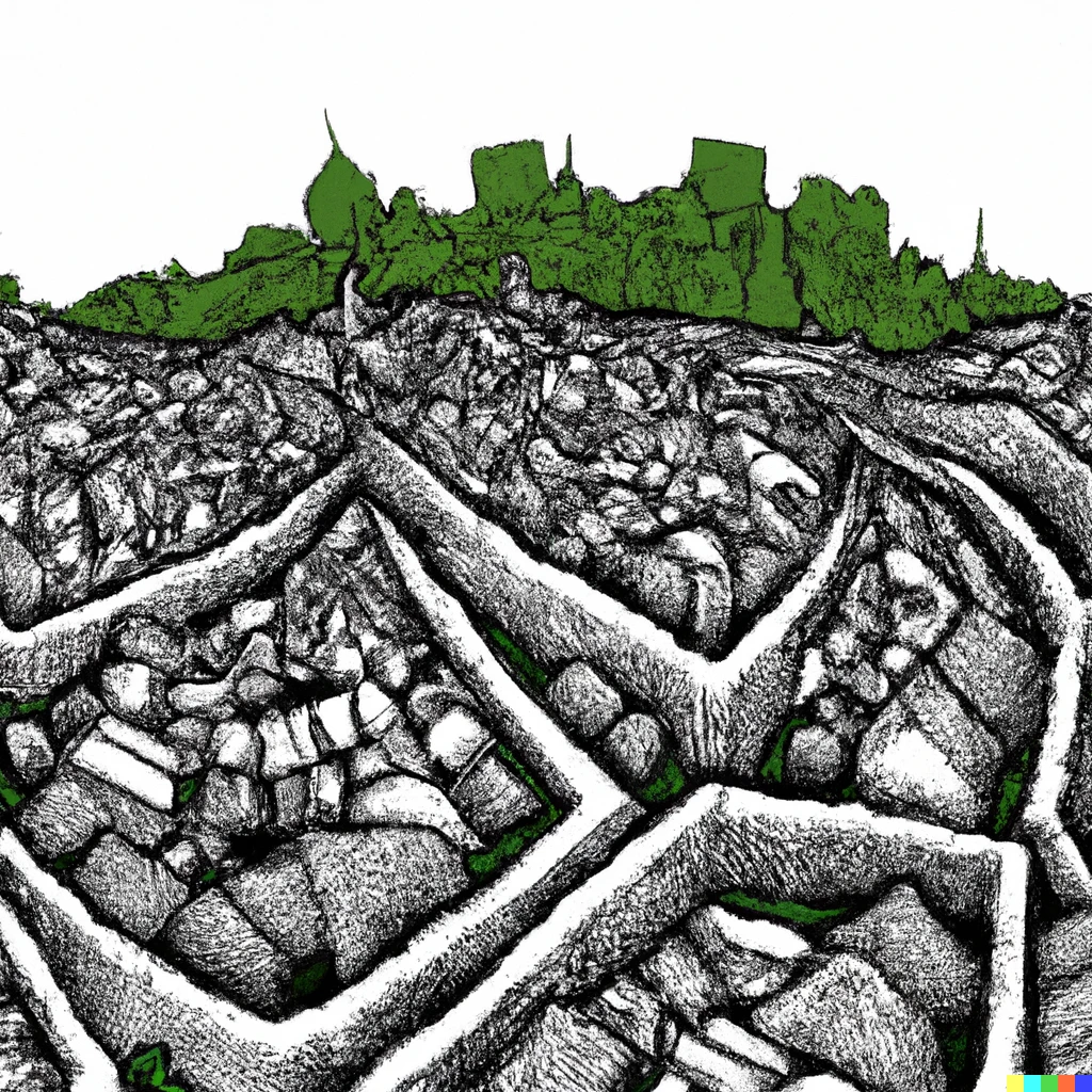 Prompt: city skyline covered in moss, in the style of Escher 