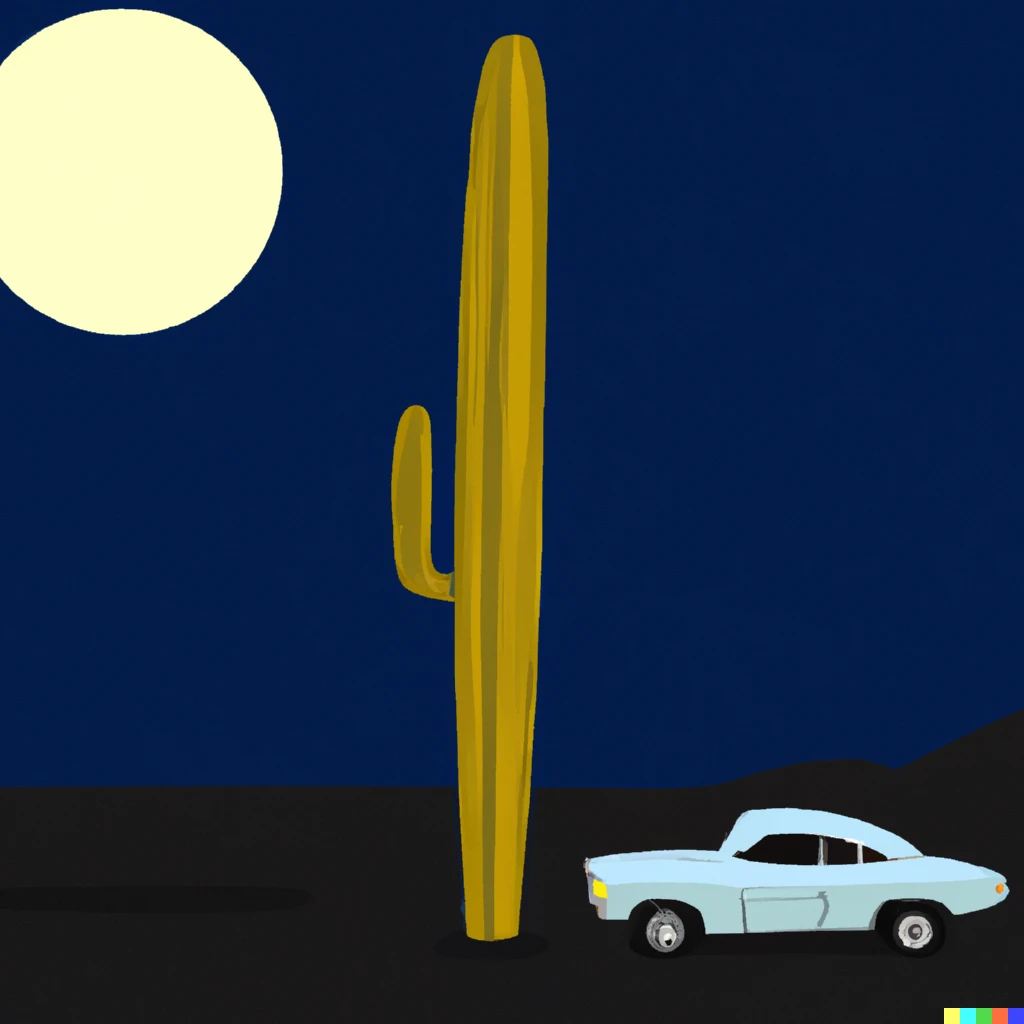 Prompt: Lonely car with a very long tail in the moonlight, admiring a tall saguaro cactus, postmodern