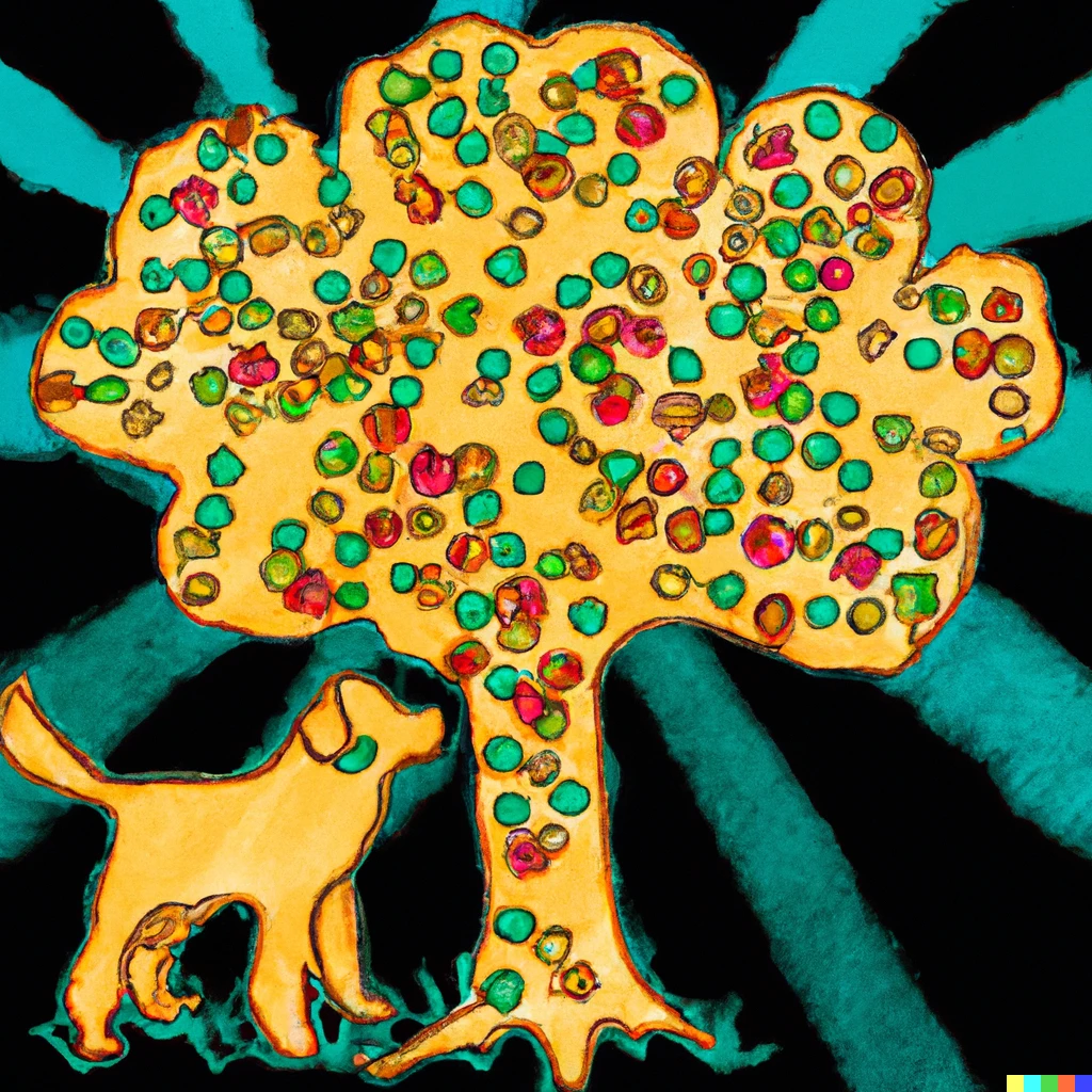 Prompt: Sparkling tree growing gummy bears as seen by a golden retriever after taking lsd, in the style of Keith Haring