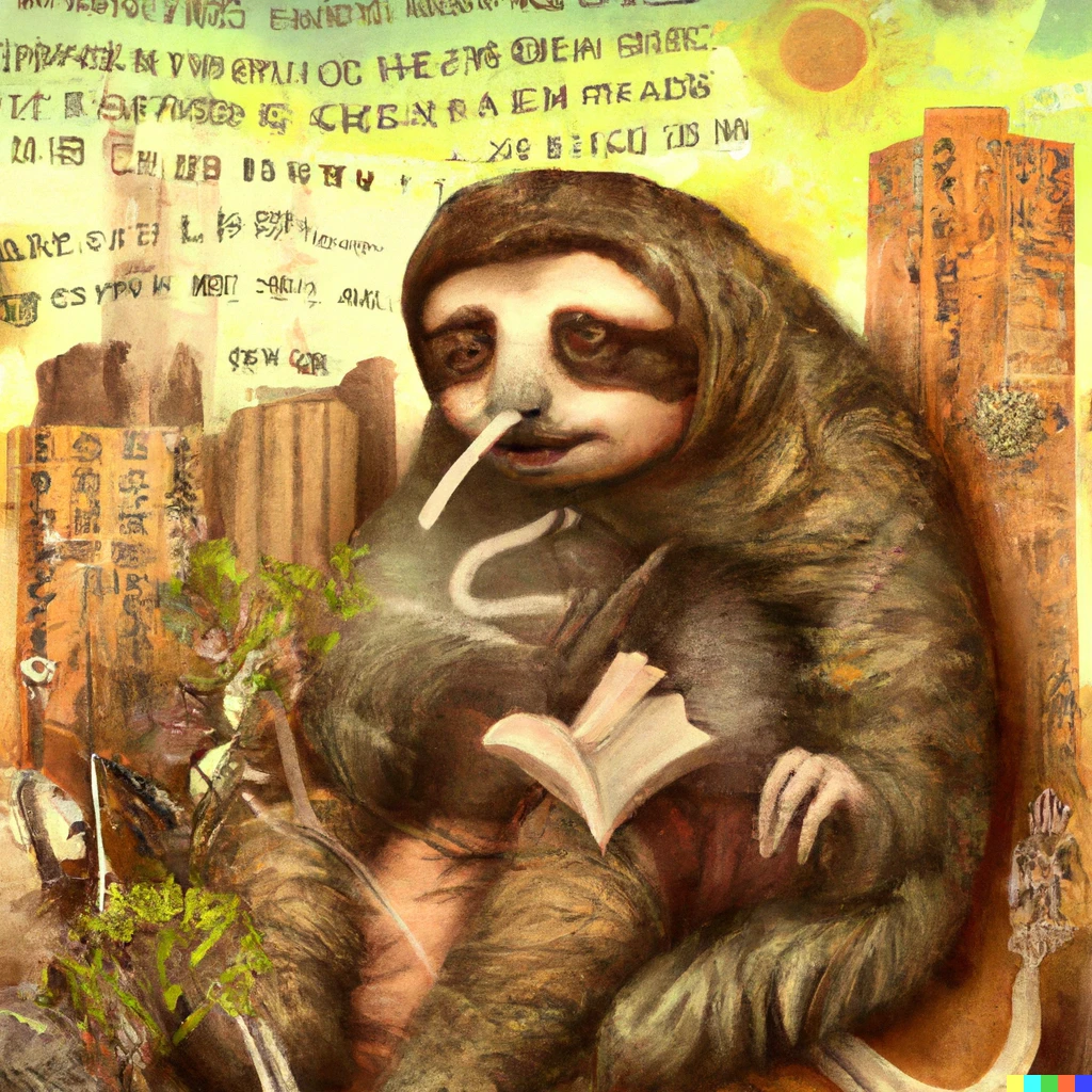 Prompt: Confused sloth reading Ulysses, in post-apocalyptic city, under the hot sun, in the style of Dali