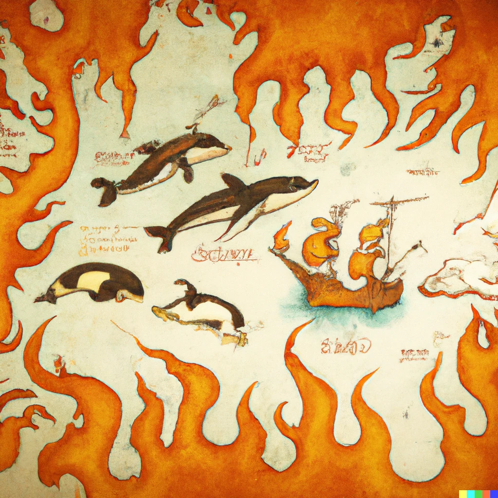 Prompt: Ancient map of ships on fire in the Antarctic, surrounded by whales, in the style of Bosch 