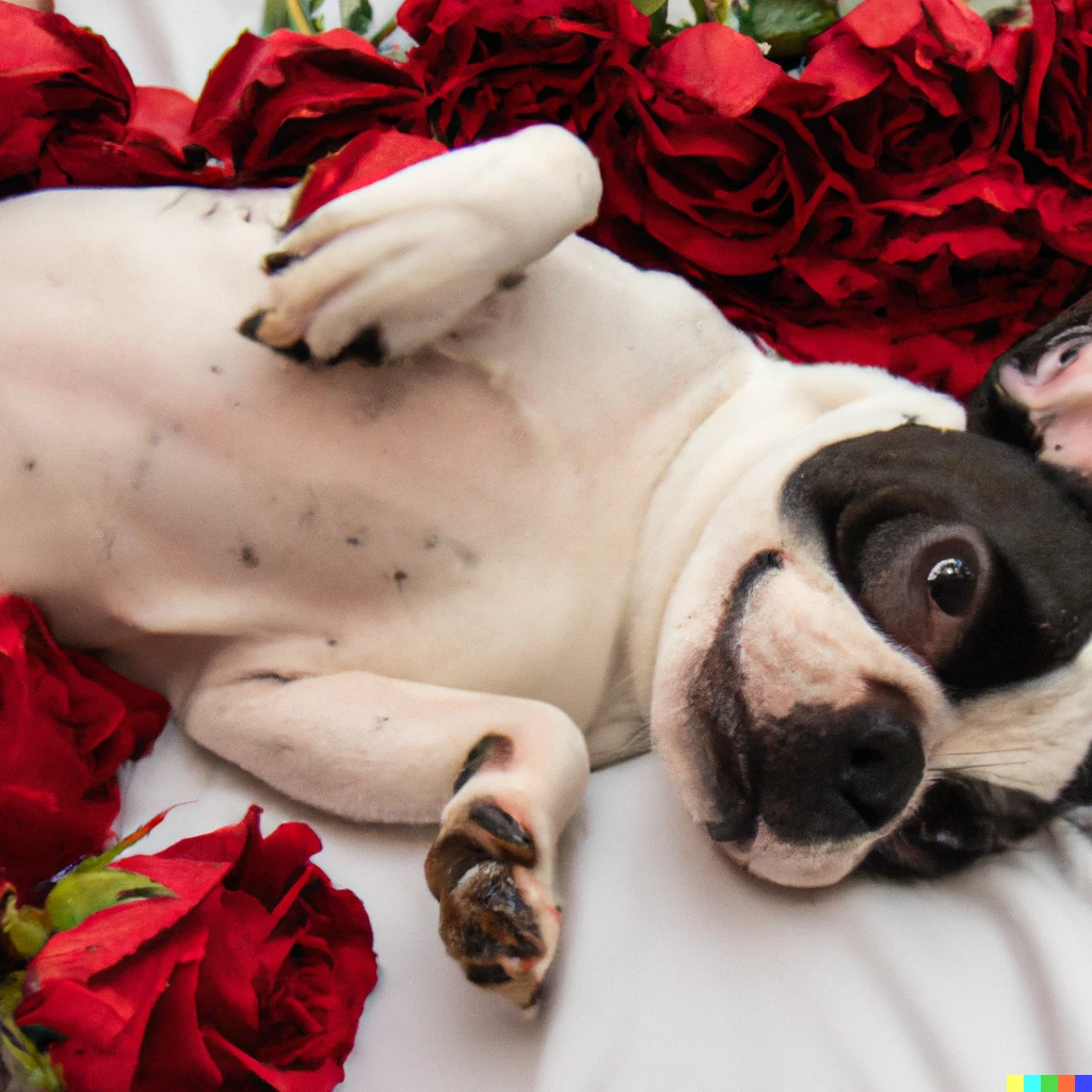 Prompt: A professional picture of black and white french bulldog laying belly up on a bed of red roses