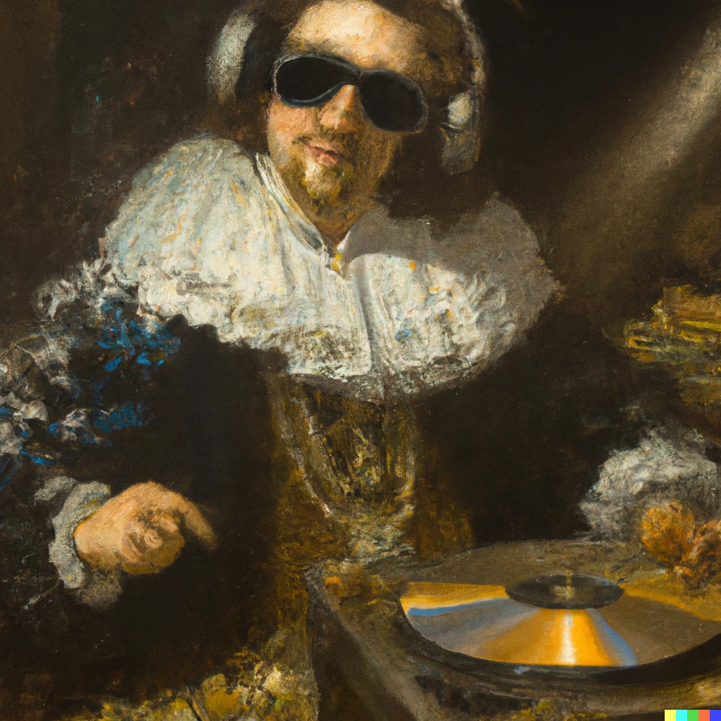 Prompt: a detailed Dutch golden age painting by Rembrandt depicting a DJ with sunglasses at a rave next to a pile of white powder 