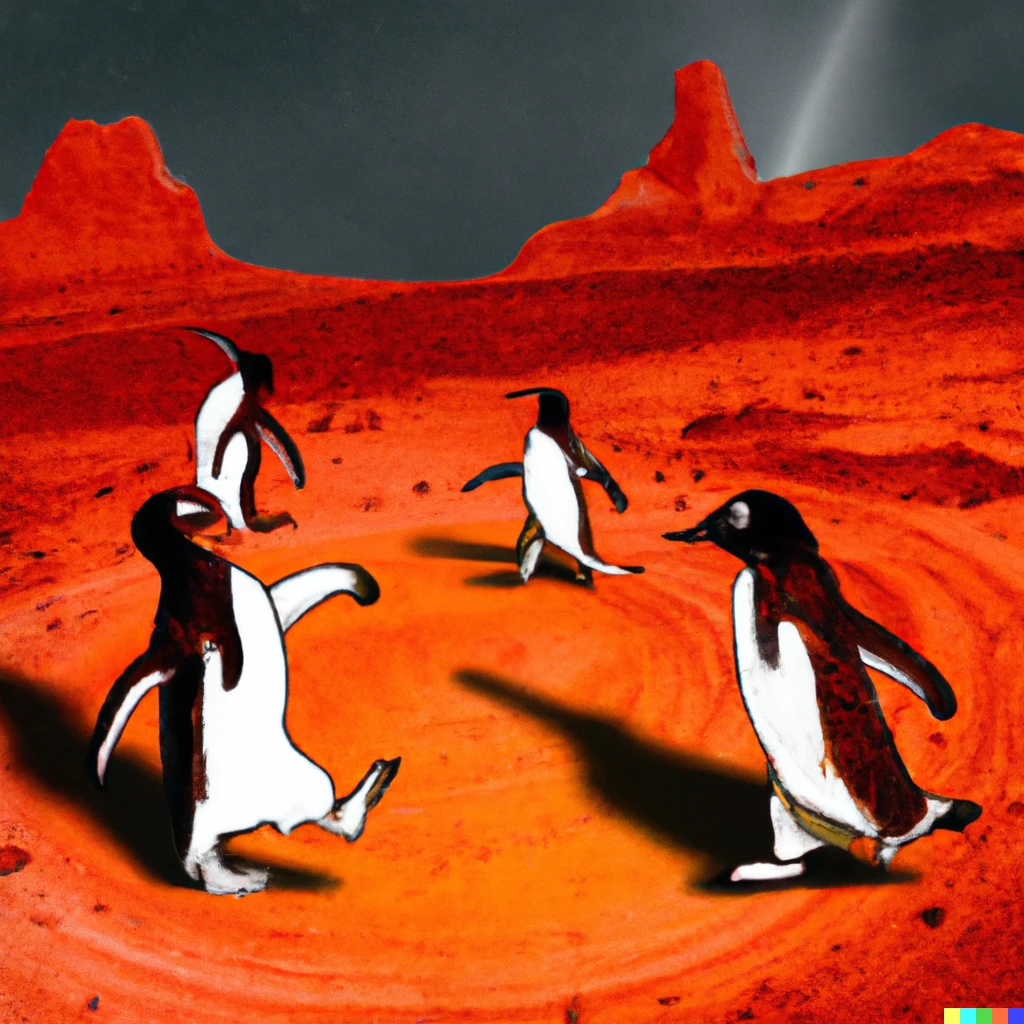 Prompt: surrealistic penguins dancing on Mars