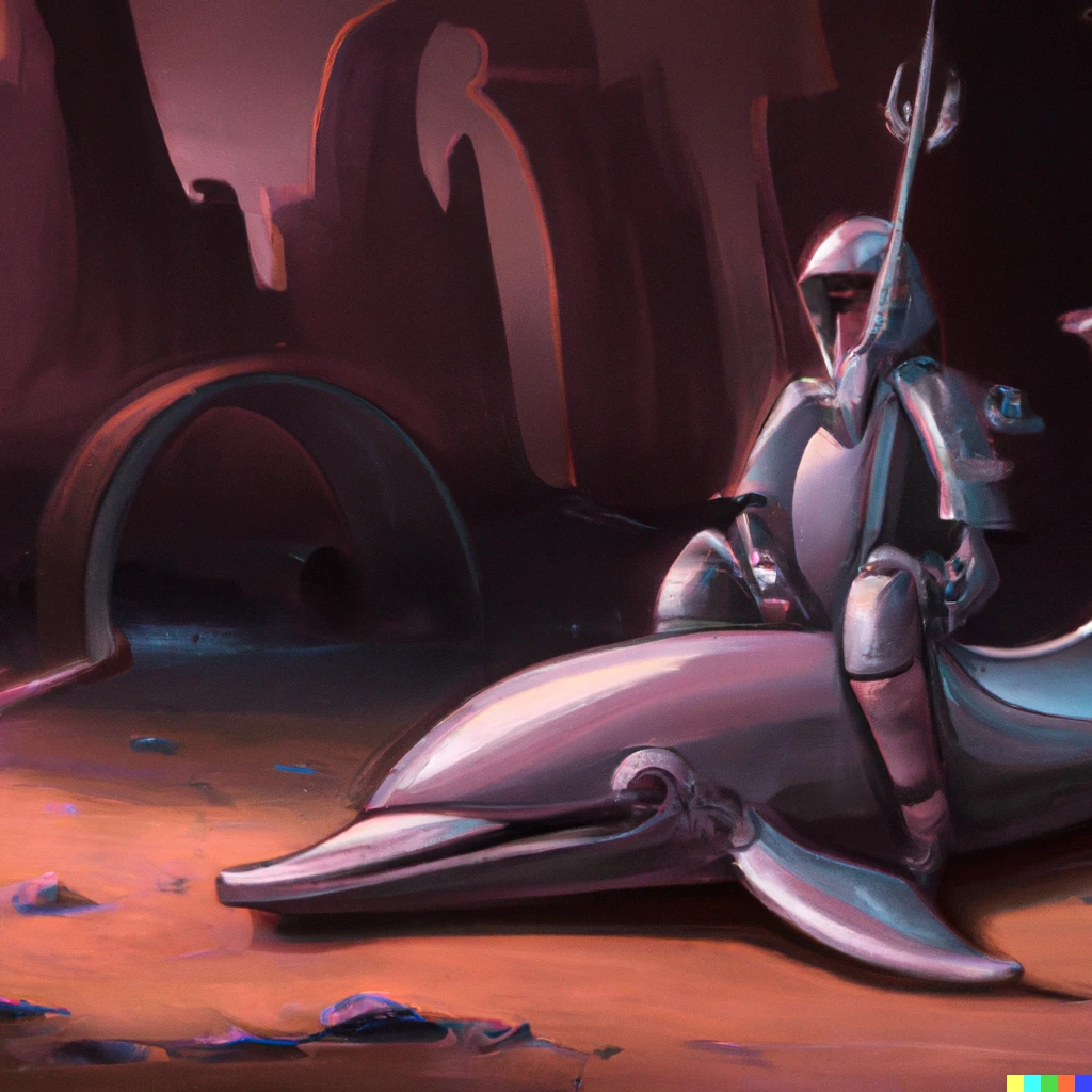 Prompt: a dolphin in knight armor sitting on a throne on mars, digital art