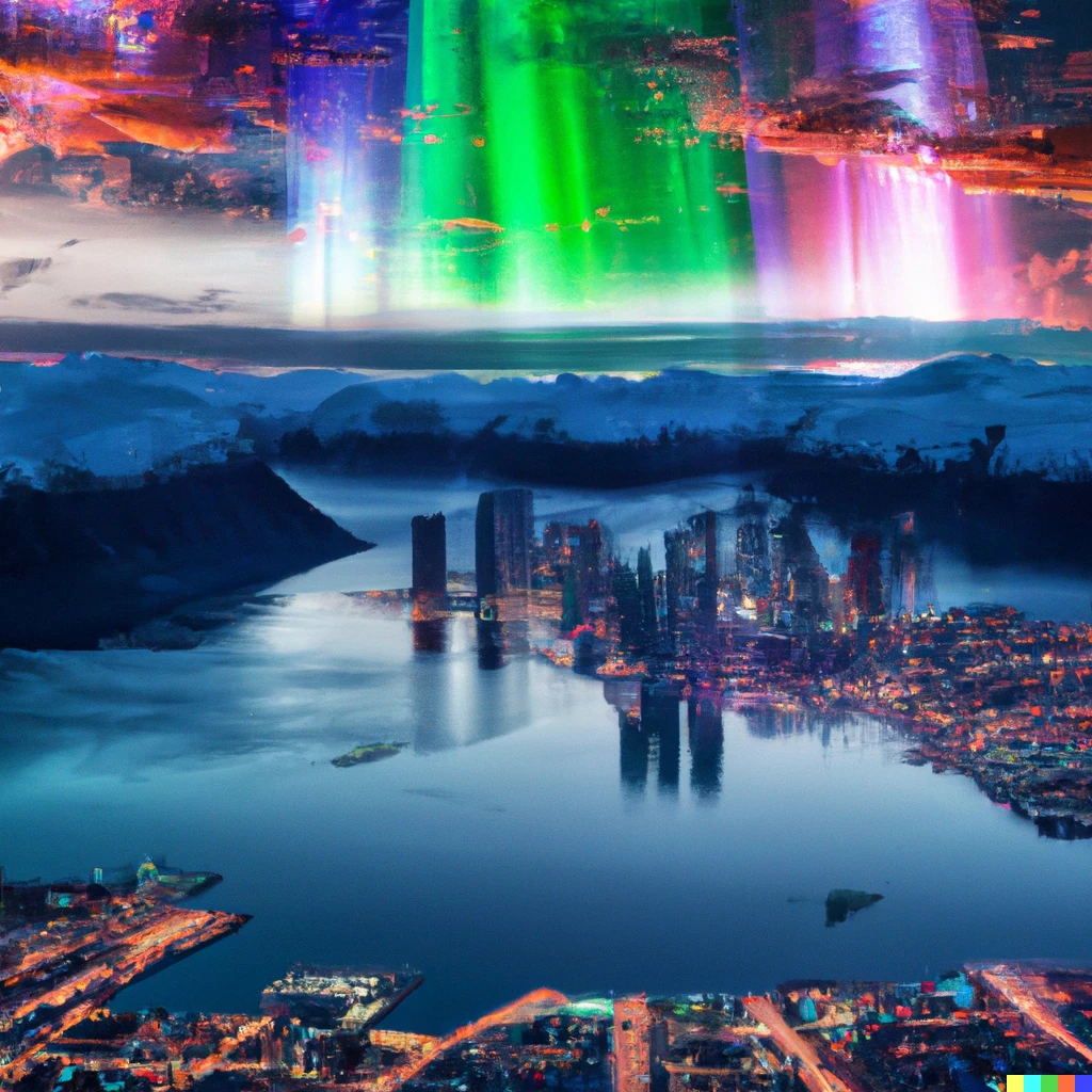 Prompt: aerial photo of futuristic city with skyscrapers, in a fjord, night, auroras in the sky above, HDR
