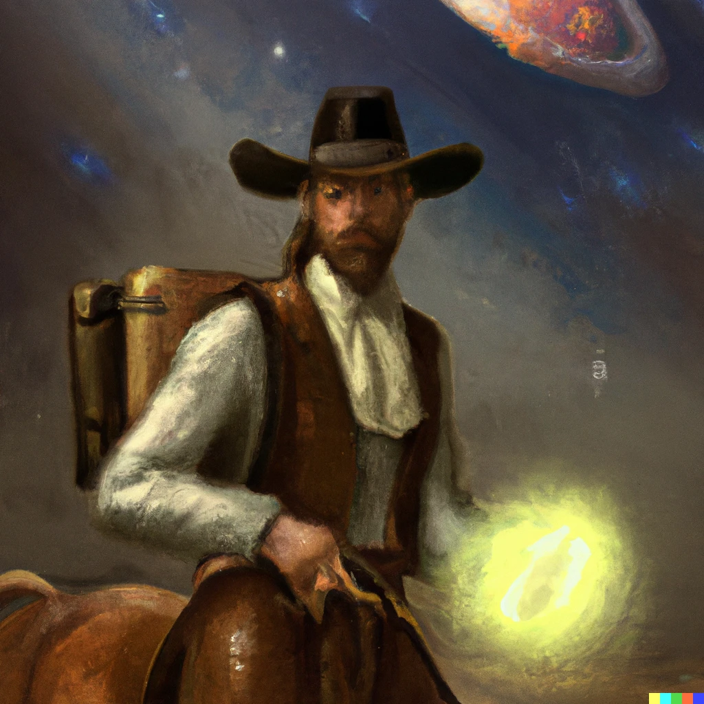 Prompt: space cowboy hitchiker in rembrandt painting