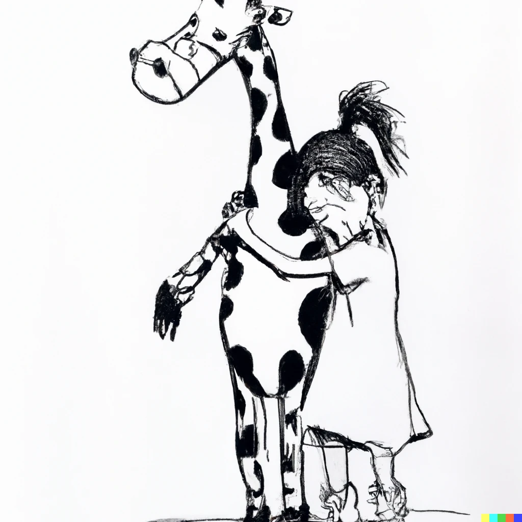 Prompt: a girl and her giraffe drawn on paper with ink in sketch style similar to calvin and hobbes by bill watterson