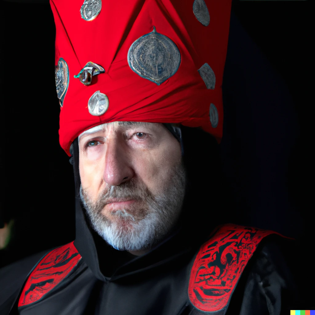 Prompt: Ornate black and red portrait of a gothic general from a Bhuddist Ottoman empire, illuminated studio lighting 