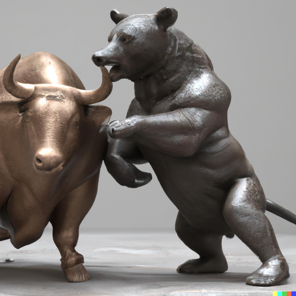 Prompt: The statue of Wall Street bull fighting a bear statue, Award-winning, photograph, 3d render, unreal engine, 4k detailed